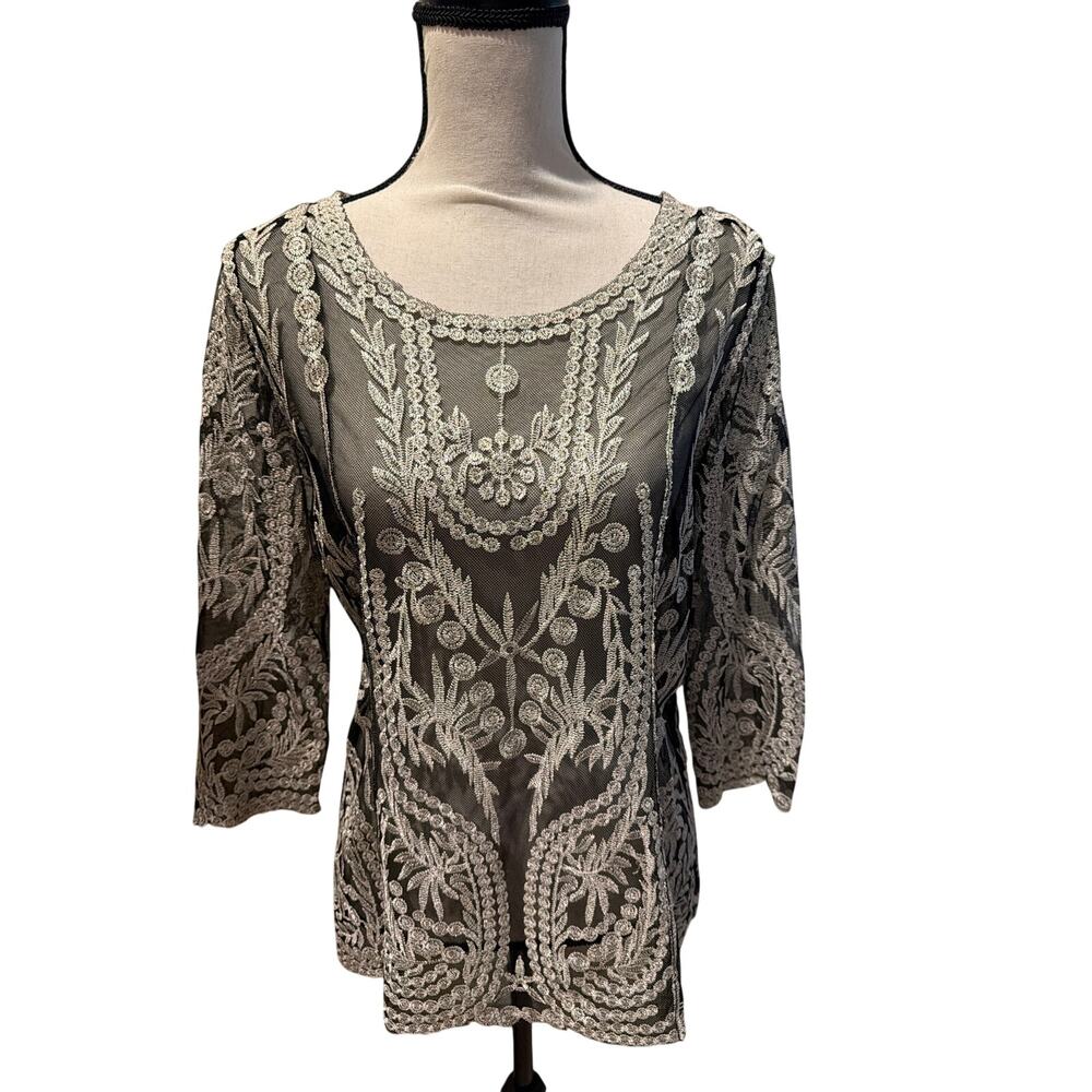 ⭐️ Women’s Ultra Pink Sheer Black Embroidered Top Size Medium Night Out  Date